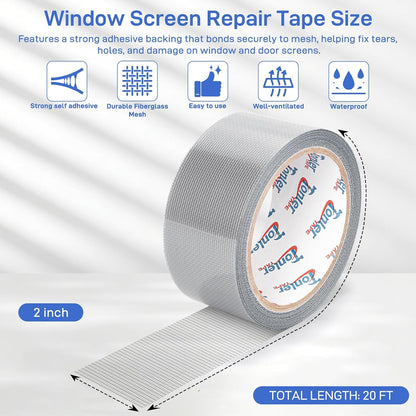 Window Screen Repair Tape 2 in x 40 FT Fiberglass Strong Adhesive Screen Patch, Waterproof Mesh Repair Kit for Window & Door Screen Holes Tears - Gray