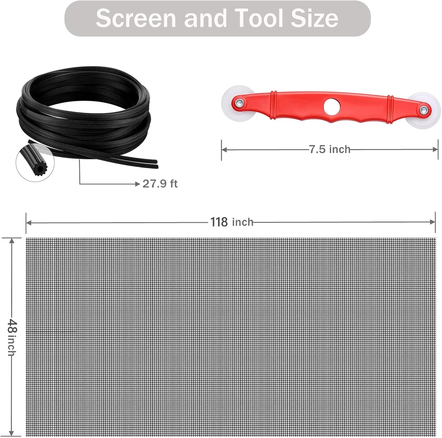 Window Screen Replacement Kit, 48'' x 99'' Fiberglass Screen Mesh with Rolling Tool and Screen Retainer Spline, DIY Adjustable Screen Door Mesh for Window, Door and Patio, Black