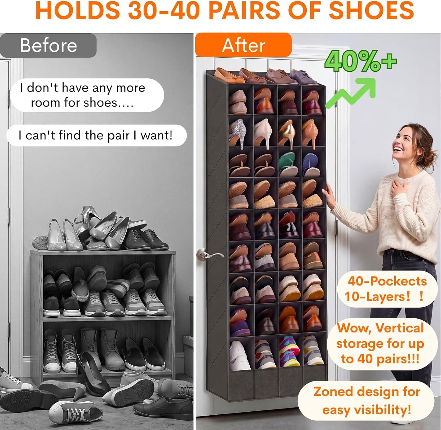 Ofiray-home 30-40 Pairs Over the Door Shoe Organizer | Large & Deep Pockets, Fits Boots, Sneakers or Larger Shoes, Space-Saving Hanging Shoe Rack