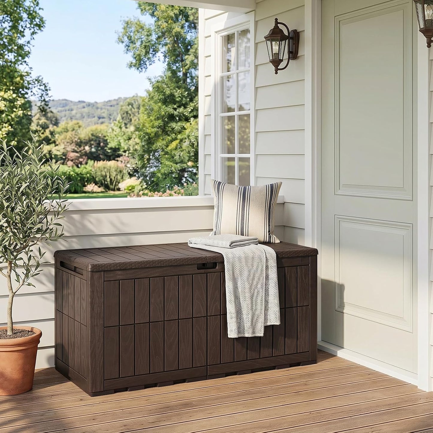 Tangkula 25 Gallon Waterproof Outdoor Storage Box with Lockable Lid | PP Resin, Wicker Patterned, Indoor Outdoor Use, Portable, Versatility, for Deck, Pool, Patio Cushions, Garden Tools