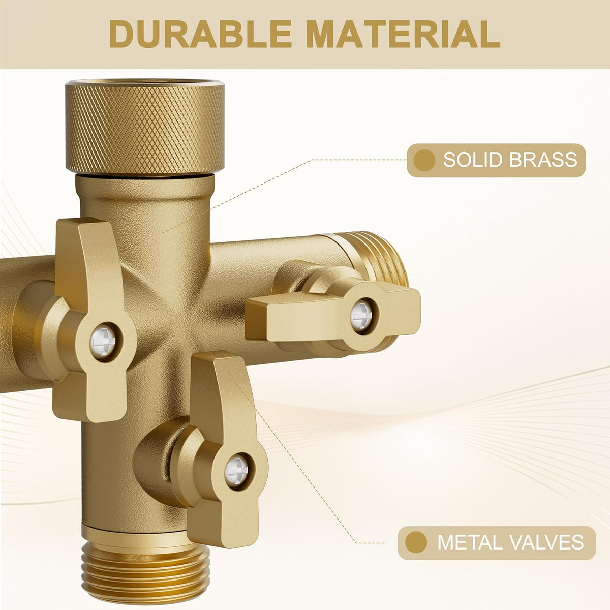 Hose Splitter Solid Brass 3 Way + Type Outdoor Faucet and Water Spigot Connector with Shut-Off Valves, 4 Extra Silicone Washers Included