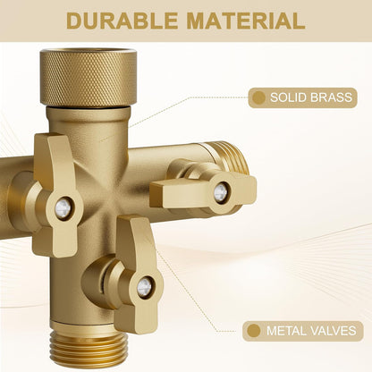 Hose Splitter Solid Brass 3 Way + Type Outdoor Faucet and Water Spigot Connector with Shut-Off Valves, 4 Extra Silicone Washers Included