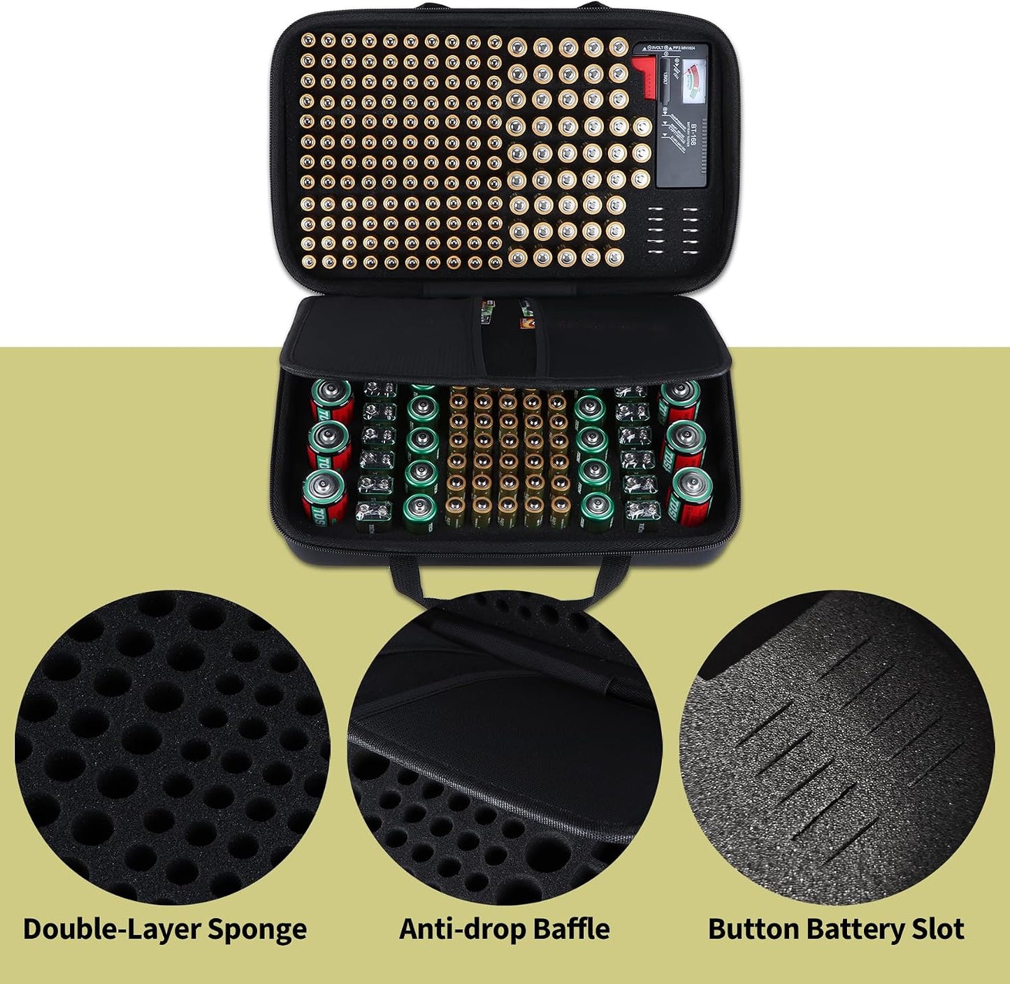 Battery Organizer Storage Case with Tester, Stores & Protects 120*AAA, 93*AA, 12*C, 16 * 9V, 8*D, 10*Coin Cell, Exceed 259 Batteries (Batteries are Not Included)