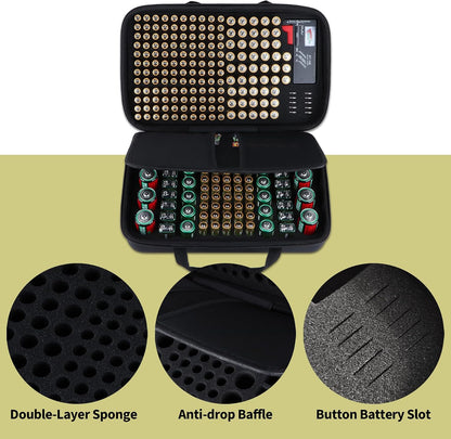 Battery Organizer Storage Case with Tester, Stores & Protects 120*AAA, 93*AA, 12*C, 16 * 9V, 8*D, 10*Coin Cell, Exceed 259 Batteries (Batteries are Not Included)