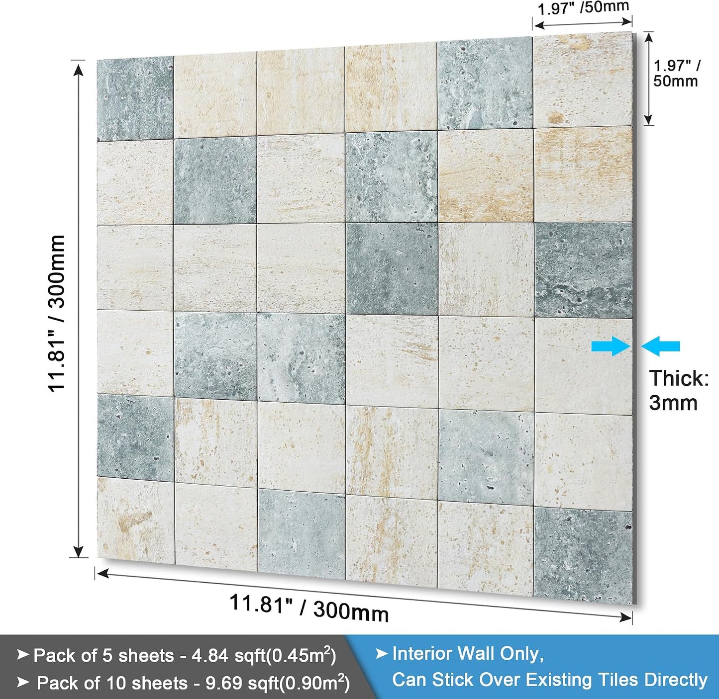 BeNice Kitchen Peel and Stick Tile Backsplash Bathroom Self Adhesive Stone Mosaic Thick Wall Stickers 12"x12"(Blue Rustic,10 Sheets)
