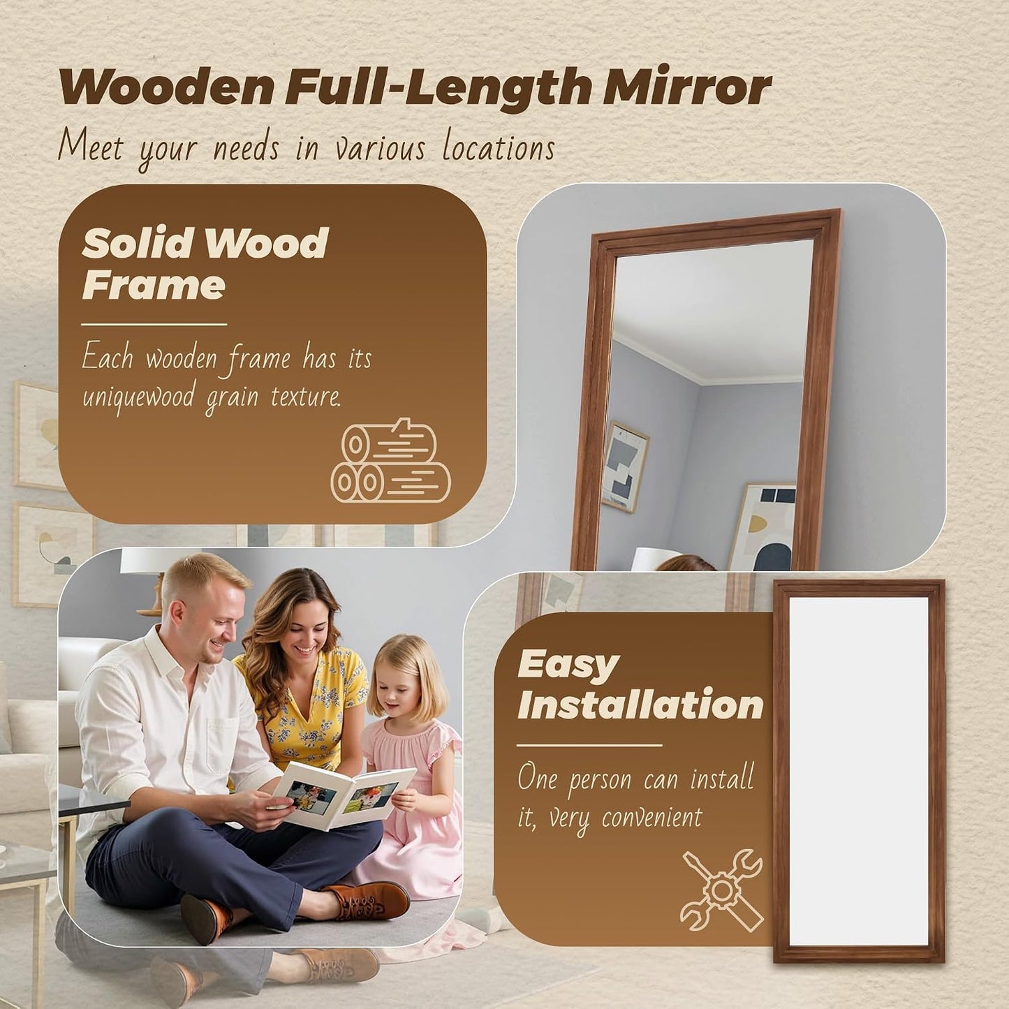 Antok Full Length Mirror with Solid Wood Frame, 71"×32" Wall Mounted Oversized Floor Mirror with Stand, Leaning Standing Hanging for Bedroom Living Room Entryway, Walnut, Arched Syle