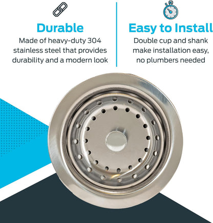 EZ-FLO Double Cup Kitchen Sink Drain Assembly, Sink Strainer fits 3-1/2 inch to 4 inch Opening, 1-7/8 inch Extended Shank, Stainless Steel, 30019