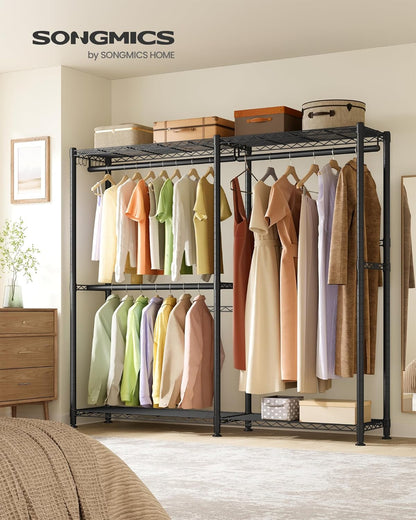 SONGMICS Heavy-Duty Clothes Rack, Garment Rack, Portable Closet, 68.7-Inch Wide Clothing Rack with Adjustable Mesh Shelves and Hanging Rails, Ink Black ULGR433B01