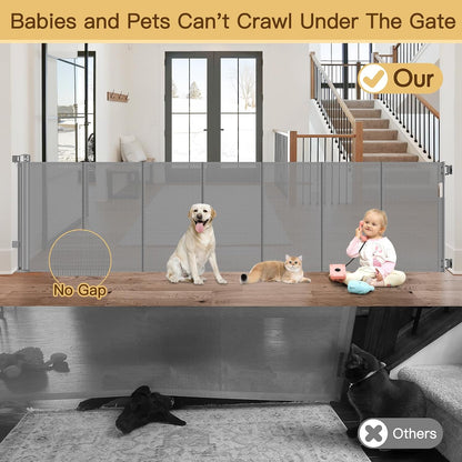 Reinforced 55" Wide Retractable Baby Gates with Reinforced Strips, Indoor/Outdoor Retractable Dog Gate for Doorway Prevent Bottom Drilling Through, No Bottom Bar Safety Mesh Baby Gate for Stair, Black