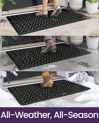 DEXI Front Door Mat Outside Entrance Rubber 19x30, Welcome Floor Doormat Heavy Duty Non Slip, Dirt Trapper Waterproof Exterior Entry Mats All Weather for Patio Entryway Drainage, Black
