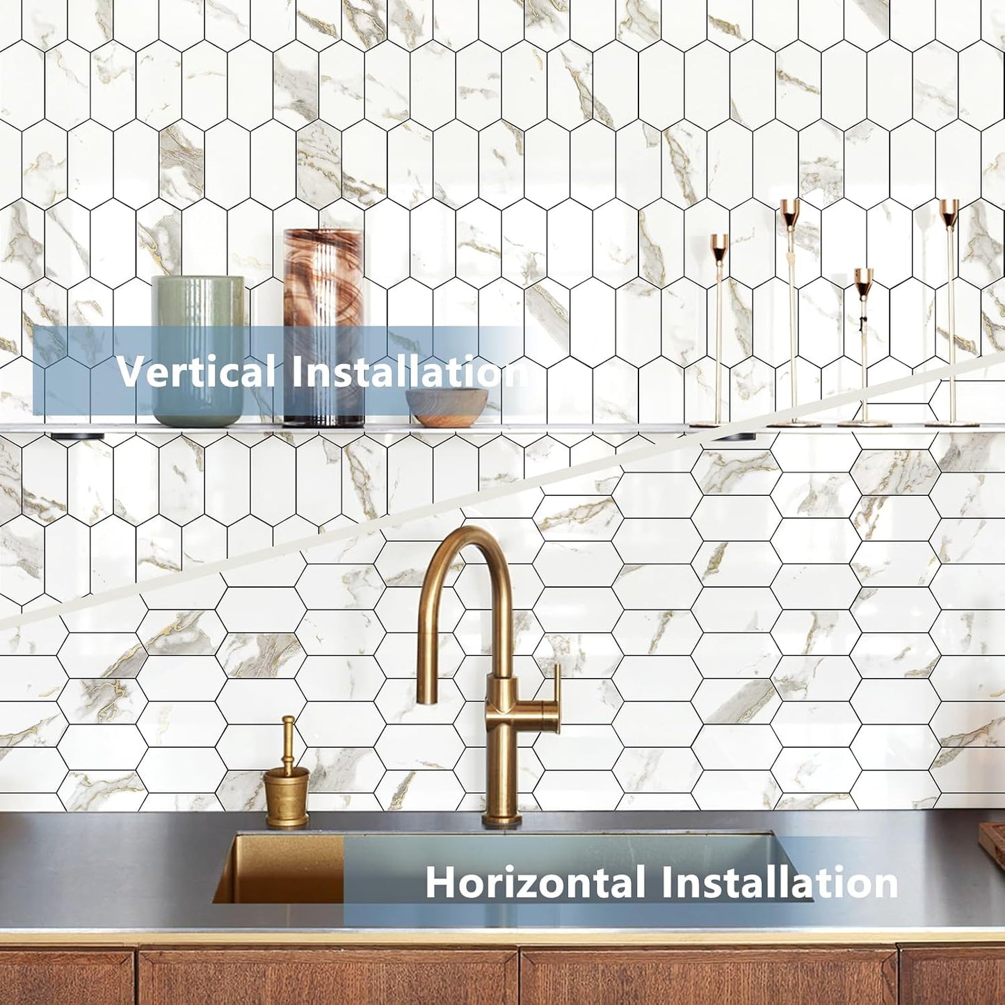 Vamos Tile Long Hexagon Peel and Stick Backsplash Tile - 10 Sheets Stick on Backsplash for Kitchen and Bathroom 12.4 x 12 Inch Glossy Wood Grain PVC Self Adhesive Mosaic Wall Tiles