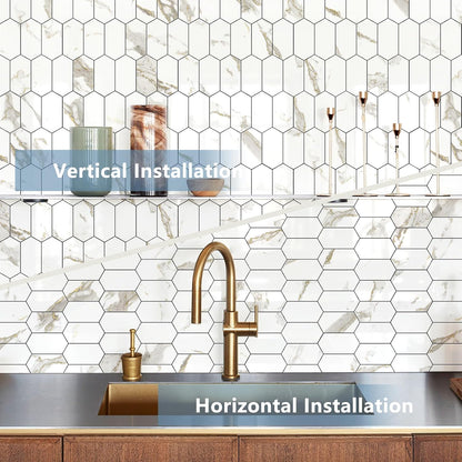 Vamos Tile Long Hexagon Peel and Stick Backsplash Tile - 10 Sheets Stick on Backsplash for Kitchen and Bathroom 12.4 x 12 Inch Glossy Wood Grain PVC Self Adhesive Mosaic Wall Tiles