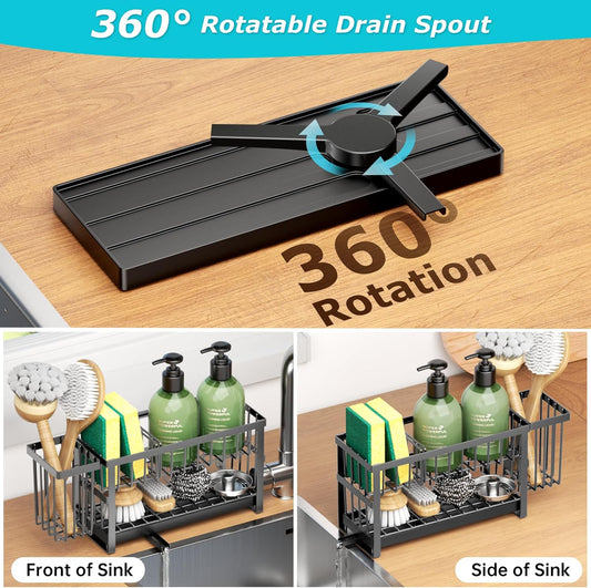 Liuoud Sponge Holder for Kitchen Sink, 2 Tier Sink Caddy Organizer Countertop with Dish Brush Holder and 360° Drain Tray, Rustproof Stainless Steel Dish Soap Storage Rack Set for Accessories Grey