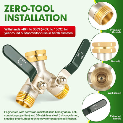 Hose Splitter 2 Way, Brass High Flow Garden Hose Splitter Heavy Duty, Hose Connector, Water Spigot Splitter, Full Flow Faucet Splitters with shutoff, 3/4” GHT Inlet