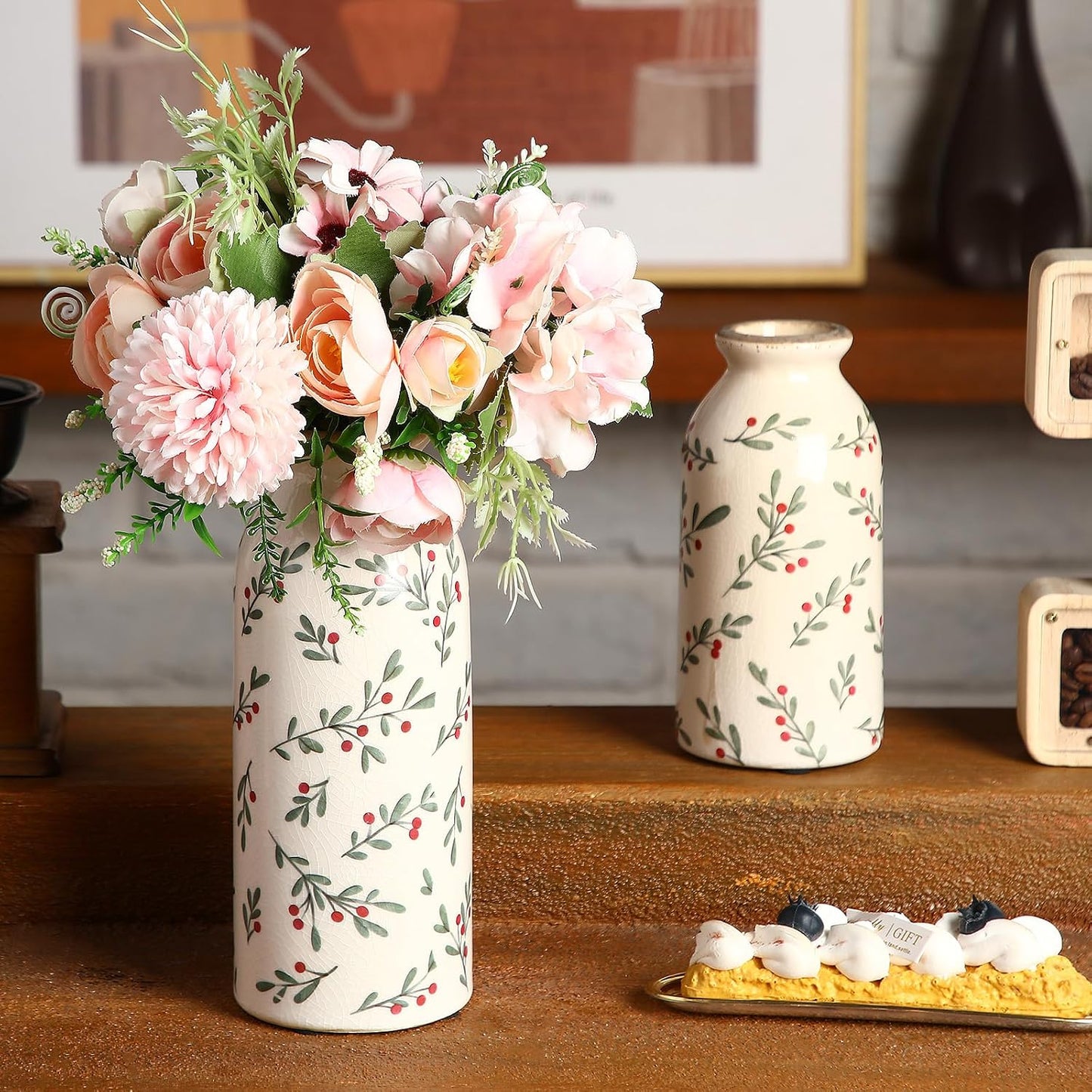2 Pcs Ceramic Small Vase Rustic Farmhouse Vase Boho Vases Home Decoration for Your Kitchen Bedroom Office Bathroom & Shelf Centerpiece Table Decorative(Simplicity)