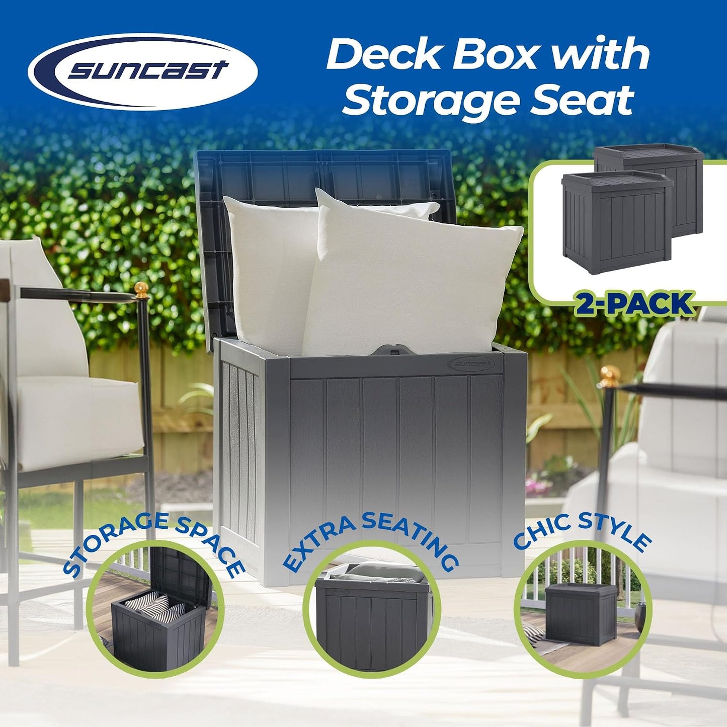 Suncast Outdoor Storage Box - 22 Gallon Stone Gray Resin Outdoor Deck Box with Seat, Weatherproof Patio Storage Bin Container for Keeping Cushions, Tools, & Towels for Pool, Yard, & Garden
