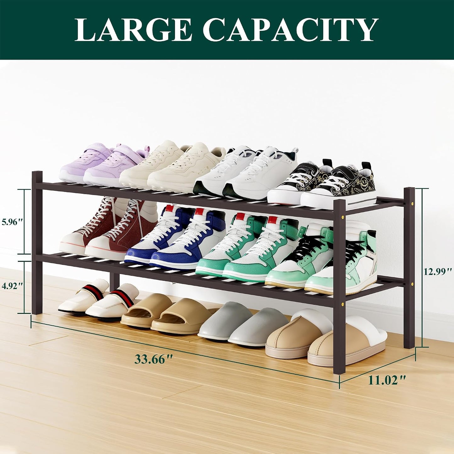 Smiry Bamboo Shoe Rack, 3 Tier Free Standing Wooden Shoe Organizer, Stackable Wood Shoe Storage Shelf for Closet, Entryway, 12 Vertical Slats, 2+1 Stack Standard Legs, 26.8"x11"x19.5", Natural