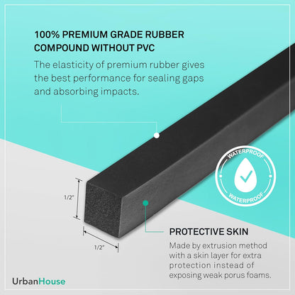 Neoprene Waterproof Rubber Foam 1/2” (w) x 1/4” (h) x 24 feet Long Weather Stripping Door Seal Insulation Shock-Absorbing 3M Self-Adhesive Tape for Door Frames, Windows – Black, 1 Continuous Roll