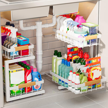 ADBIU Under Sink Organizer 2 Pack, Adjustable Height (11"-15.75") Under Cabinet Storage, 2 Tier Pull Out Sliding Drawers for Kitchen Bathroom, Heavy Duty Metal Shelf, White