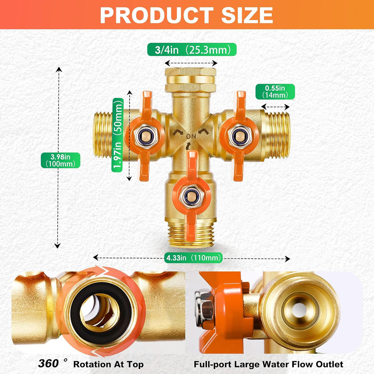 Garden Hose Splitter 3/4" GHT Full Flow 2 Way Brass Hose Splitter Heavy Duty All Metal Hose Y Splitter with Shutoff Outdoor Faucet Water Hose Splitter Y Valve Tap Adapter for Outdoor Garden