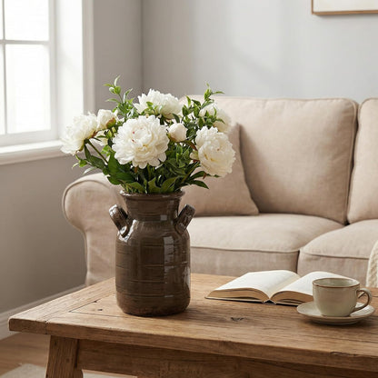 Ceramic Vase Set of 3 with Handles, Green White Neutral Rustic Modern Farmhouse Boho Decor, Versatile as Table Centerpiece or Mantel & Shelf Accent - Unique Home Gift Idea