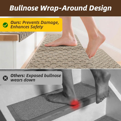 JSEI Bullnose Carpet Stair Treads, 14 Pcs Non Slip Stair Treads for Wooden Steps Indoor with TPE Backing, 11" x 30" Machine Washable Stair Runners with Edge Protection for Kids, Elders and Pets, Beige