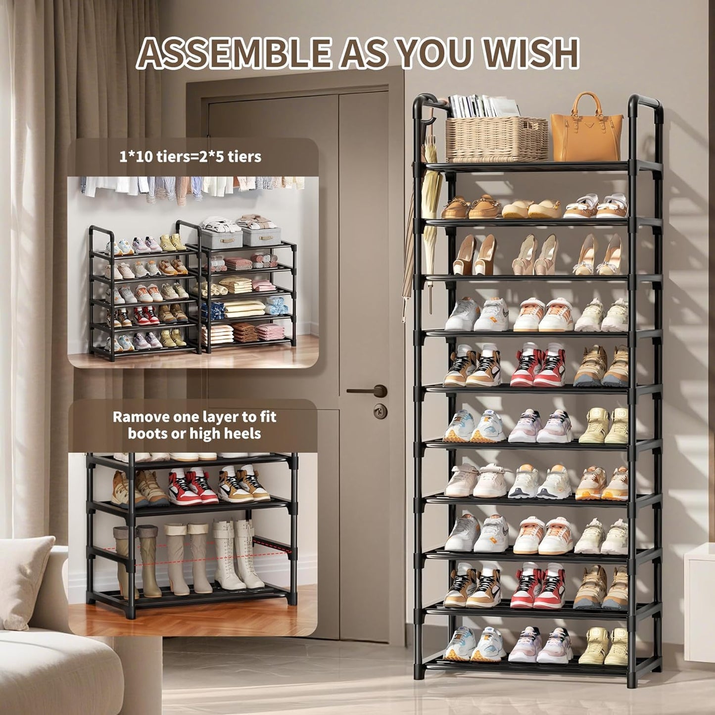 Shoe Rack, 10 Tier Shoe Storage Organizer with Hooks,Fit 40-45 Pairs Shoes,Metal Tall Shoe Shelf for Closet,Entryway, Hallway,Garage,Bedroom,Cloakroom