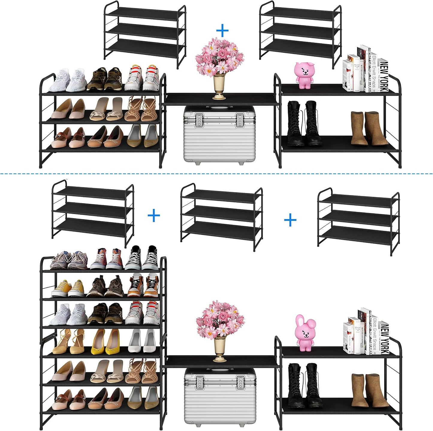 Simple Trending 3-Tier Stackable Shoe Rack, Expandable & Adjustable Shoe Shelf Storage Organizer, Wire Grid, Black