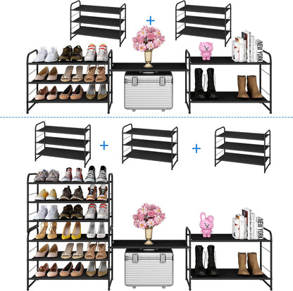 Simple Trending 3-Tier Stackable Shoe Rack, Expandable & Adjustable Shoe Shelf Storage Organizer, Wire Grid, Black