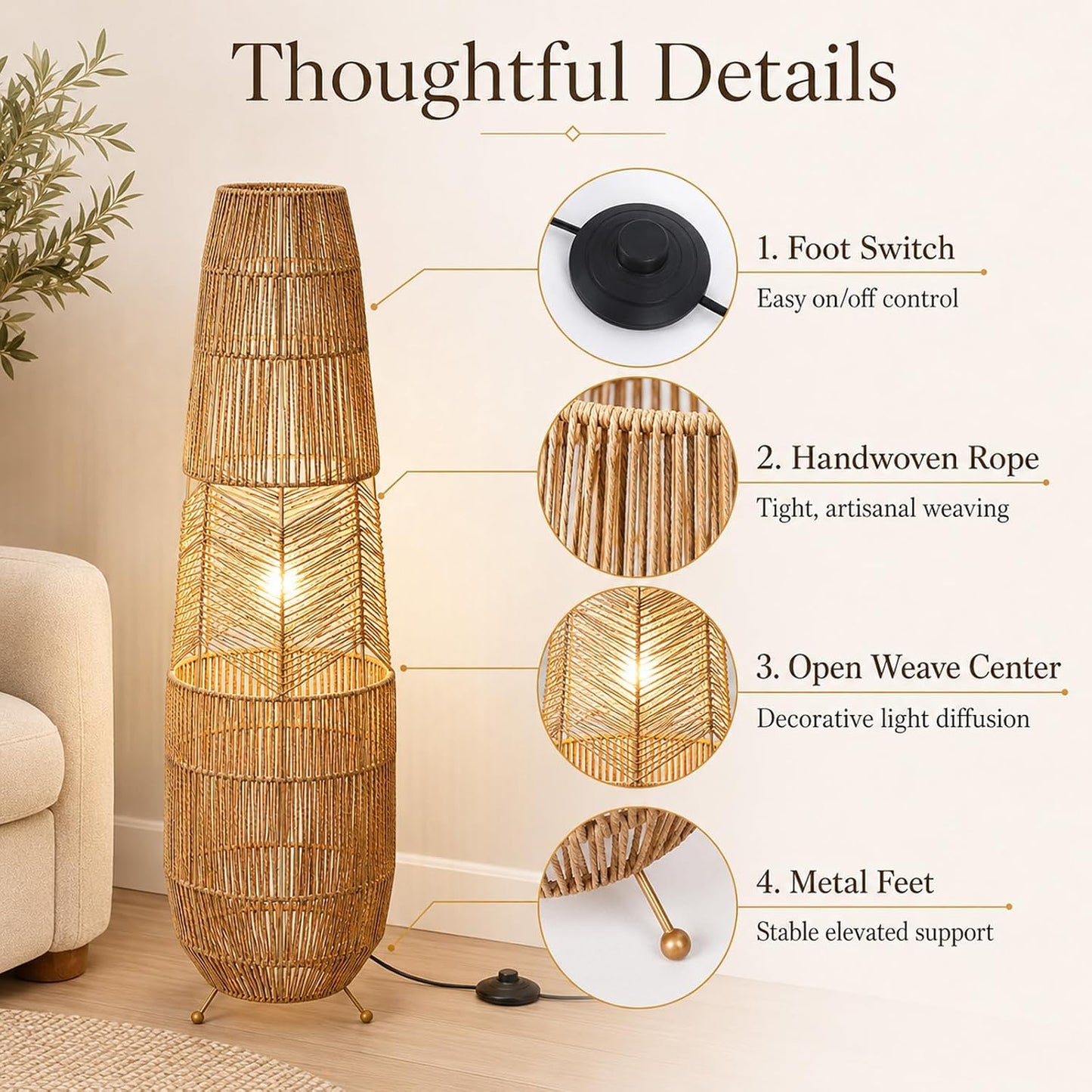 MIXL-Farmhouse Style Bamboo Floor Lamp,Large Wicker Indoor Floor Light,Boho Standing Light Plug in,Modern Minimalist Standing Lamp for Living Room Bedroom