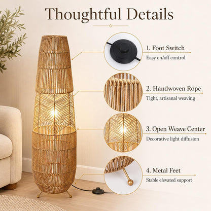 MIXL-Farmhouse Style Bamboo Floor Lamp,Large Wicker Indoor Floor Light,Boho Standing Light Plug in,Modern Minimalist Standing Lamp for Living Room Bedroom