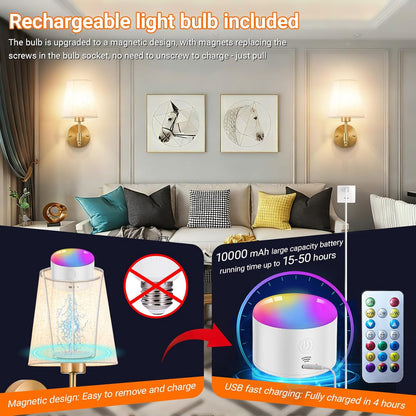 Wall Sconce Battery Operated Wall Light Fixure with Remote Control, Dimmable Battery Operated Wall Sconces Set Of Two, Indoor Wireless Wall Mounted Lamp with Rechargable Bulb For Bedroom Living Room (
