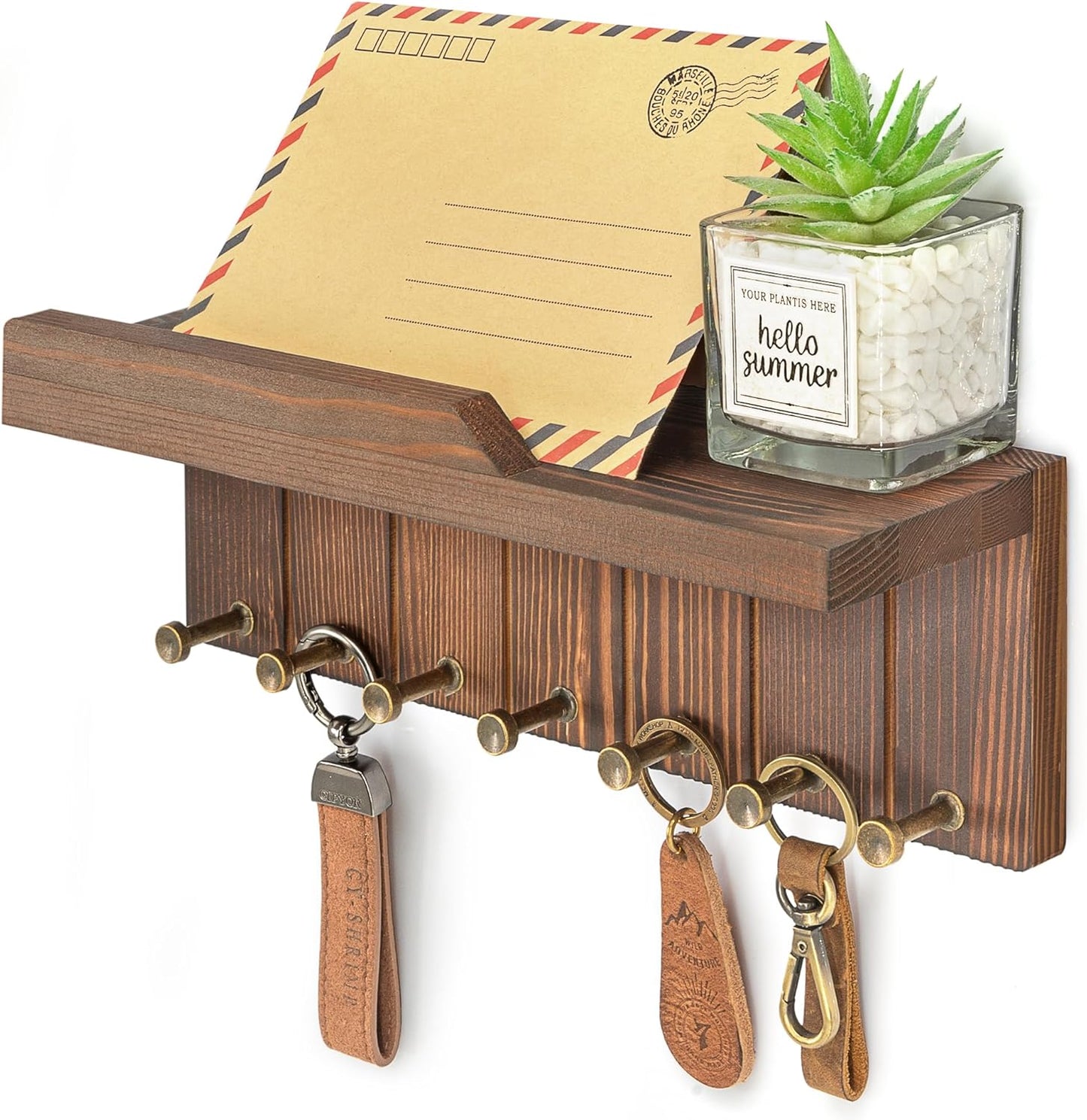 Rebee Vision Small Key Holder Wall Mount for Farmhouse Decor - Key and Mail Holder for Wall with Shelf and 4 Key Hooks - Room Decor Aesthetic (Distressed Blue)