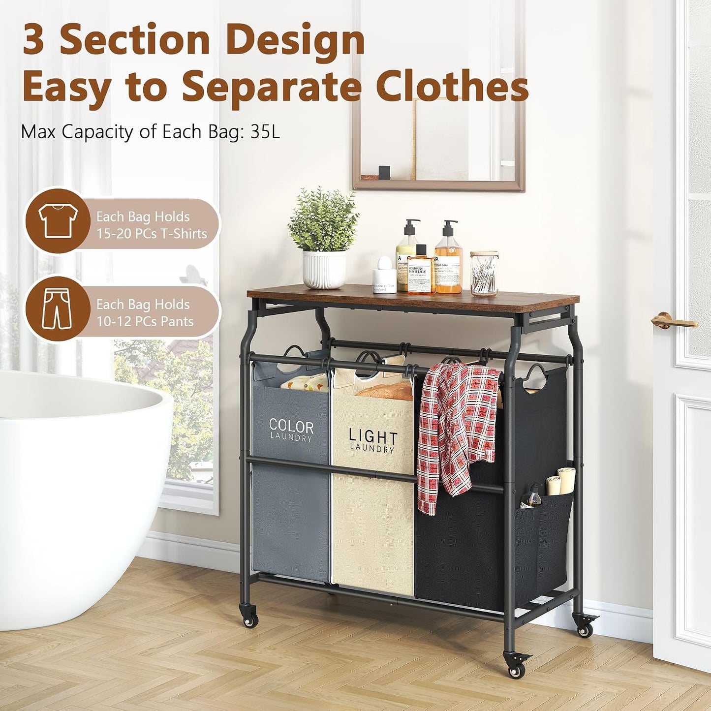 Hoctieon 3 Section Laundry Sorter Cart with Ironing Board, Laundry Hamper with Shelf and Rolling Wheels, Heavy Duty Laundry Basket Organizer, Large Clothes Separator Hamper with Removable Bags, Black