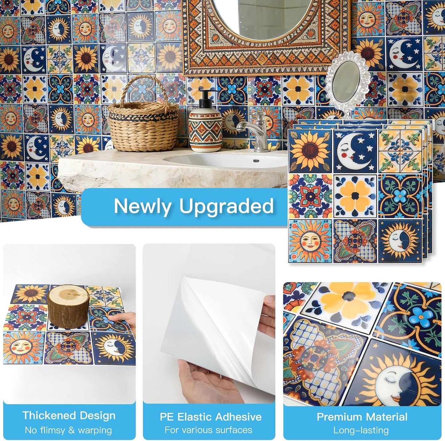 Art3d Talavera Hand-painted Waterproof Peel and Stick Backsplash Tile for Kitchen & Living Room, Sun & Moon Floral Design - 10-Pack of 12 x 12 Inch