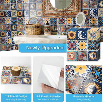 Art3d Talavera Hand-painted Waterproof Peel and Stick Backsplash Tile for Kitchen & Living Room, Sun & Moon Floral Design - 10-Pack of 12 x 12 Inch