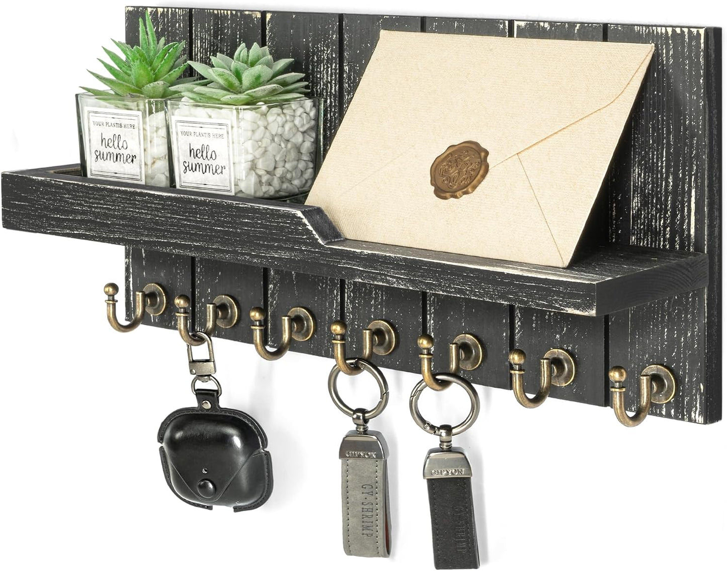 Rebee Vision Decorative Key Holder Wall Mount - Rustic Key Holder for Wall with Shelf and Mail Organizer for Living Room Decor - Home Essentials for Home Improvement (Brown, 3.54" x 10" x 7.28")