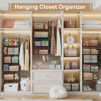 Jautokerdar 4 Tier Hanging Closet Organizer with Dividers,Extra Large Storage Hanging Shelf with 5 S Hooks 4 Dividers,Hang on Wire Closet Shelving Clothes Organizer-Black