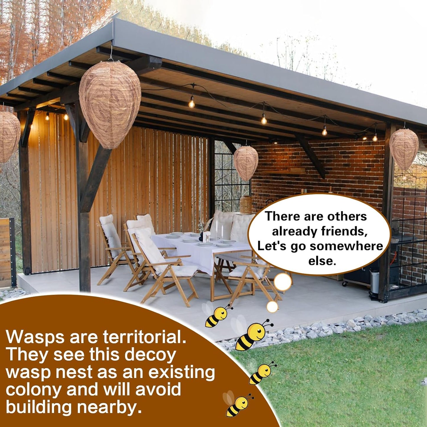 4 Pack Fake Wasp Nest Decoy, Waterproof Hanging Wasp Hornet Decoy for Outdoor, Brown Wasps and Hornets Nests, Reusable for Patio, Porch, Garden, Under Eaves, Garage, Backyard, House