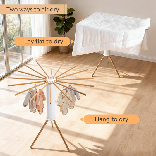 ZOFGENOW Clothes Drying Rack, Foldable Wooden Tripod Drying Rack Clothing for Small Apartments Balcony Bedroom, Portable Space Saving Laundry Rack, Floor Standing with 16 Poles for Indoor Air Drying