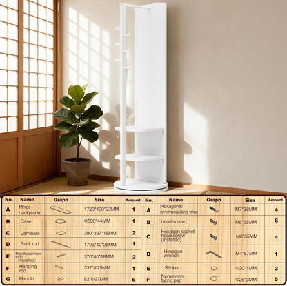 Full Length Mirror with Coat Rack & Storage, 360° Rotating Solid Wood Standing Floor Mirror with Shelves for Bedroom, Entryway, Dressing Room (Natural Wood, 66" x 18")