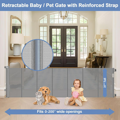 Reinforced Retractable Baby Gates with Support Beam 60" Wide Retractable Dog Gate Indoor Prevent Children and Dogs from Crawling Under Outdoor Dog Gate for Deck Mesh Gates for Kids or Pets, Black