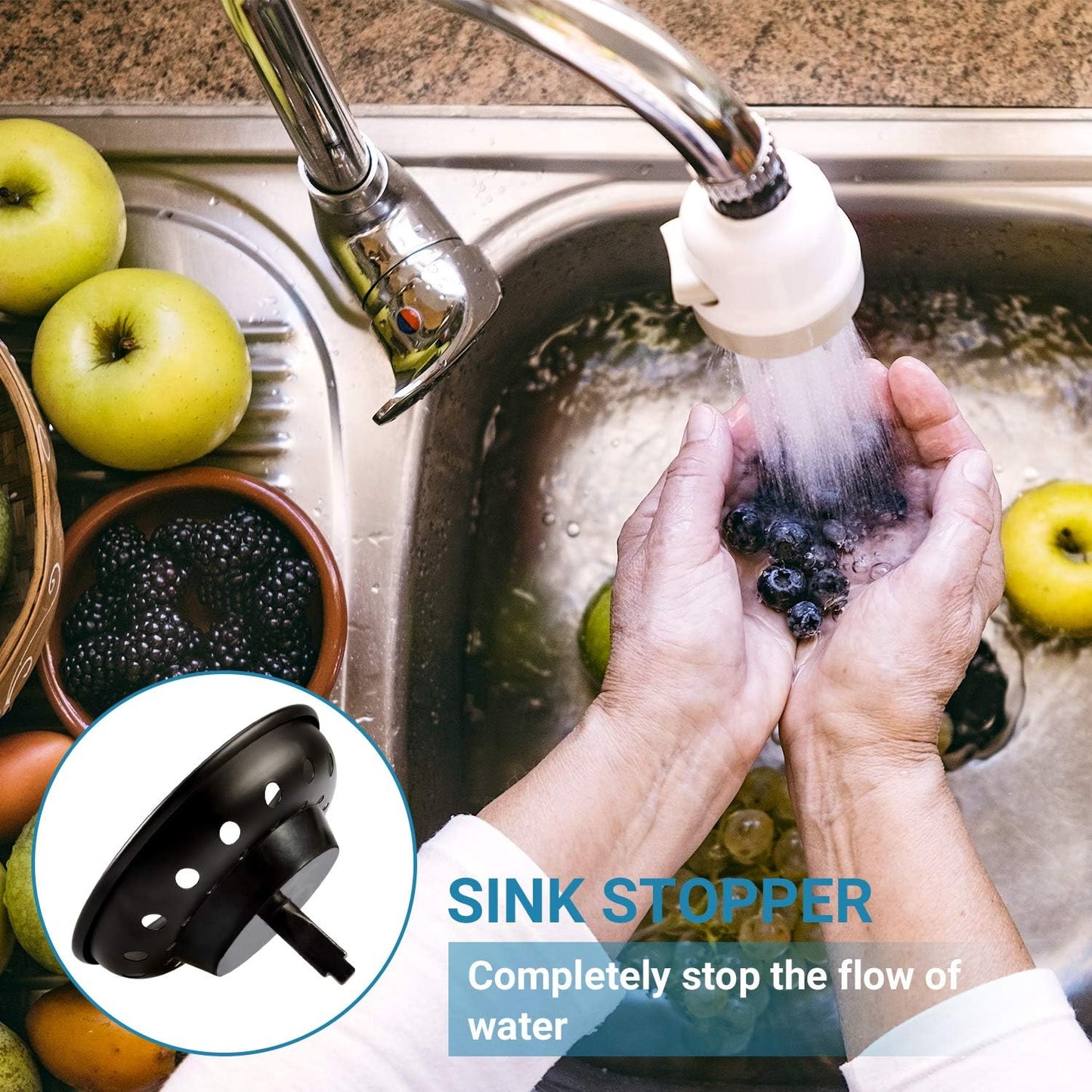 KONE 2PCS Kitchen Sink Basket Strainer Replacement for 3-1/2 Inch Standard Drains Brushed Stainless Steel Body Metal Center Knob with Rubber Stopper