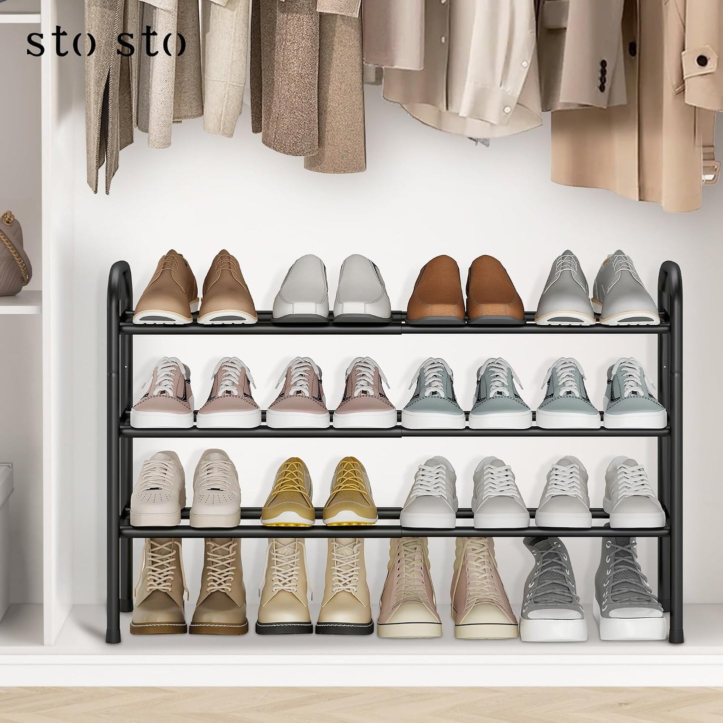 STO STO Expandable Shoe Rack, 3-Tier Metal Small Shoe Rack for Closet, Up to 16 Pairs Adjustable Shoes Racks Storage for Front Door Entrance, Free Standing Shoes Rack Organizer for Entryway, Black