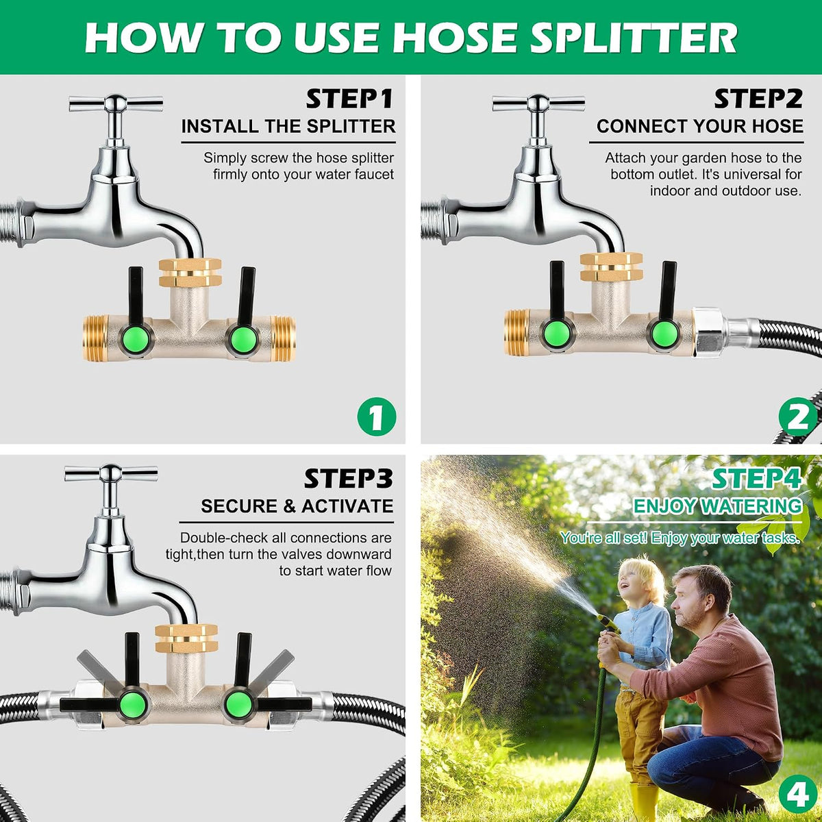 Love Is War 2 Way Hose Splitter Garden Water Faucet Spigot Splitter | Standard 3/4 inch GHT thread fits all common outdoor spigots and hoses