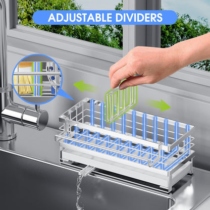 Kitchen Sink Sponge Holder, Rustproof Non-Slip Self-Draining Metal Sink Caddy with Detachable Dish Cloth Holder (Black)
