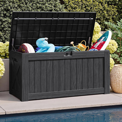 JUMMICO 31 Gallon Resin Deck Box Waterproof Indoor Outdoor Storage Boxes for Patio Furniture Cushions and Garden Tools (Brown)
