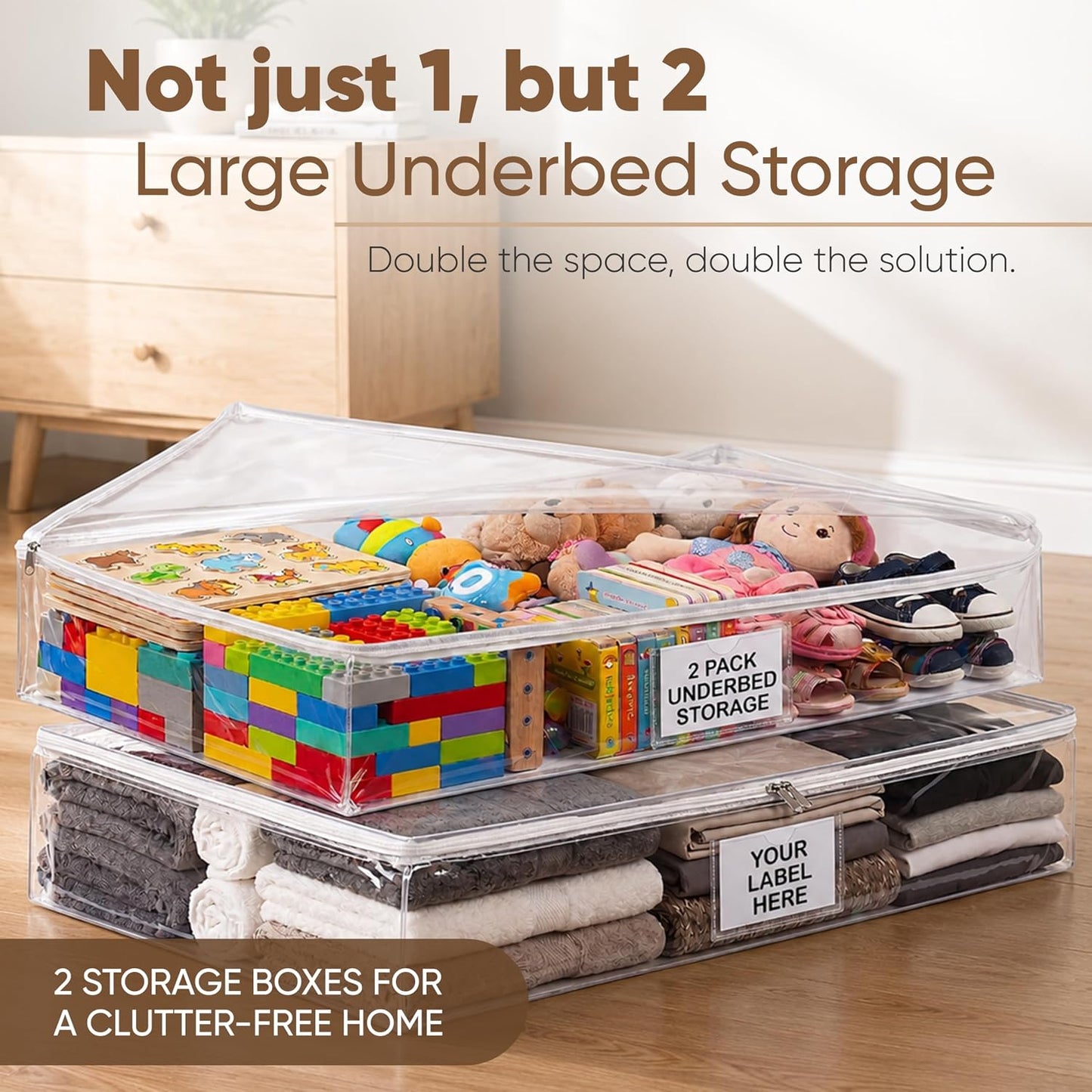 Masirs Clear Blanket Storage Bag (2-Pack) - Vinyl Clothing Organizers with Zipper & Label Pocket - Protects from Dust, Moisture & Dirt - Ideal for Underbed Storage Sheets, Comforters & Bedding