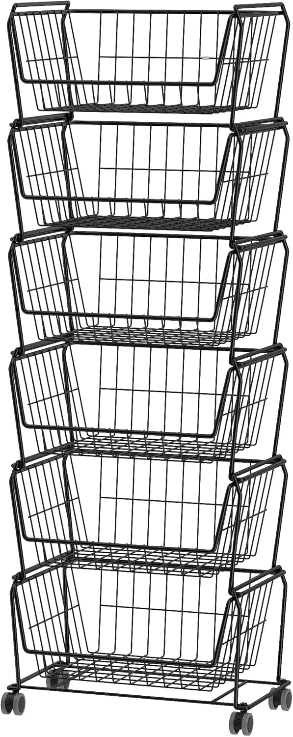 PUSDON 6-Tier Tall Stackable Wire Storage Baskets with Wheels, Vertical Metal Rolling Utility Cart, High Capacity Produce Basket for Kitchen Pantry, Snack Organizer, Matte Black