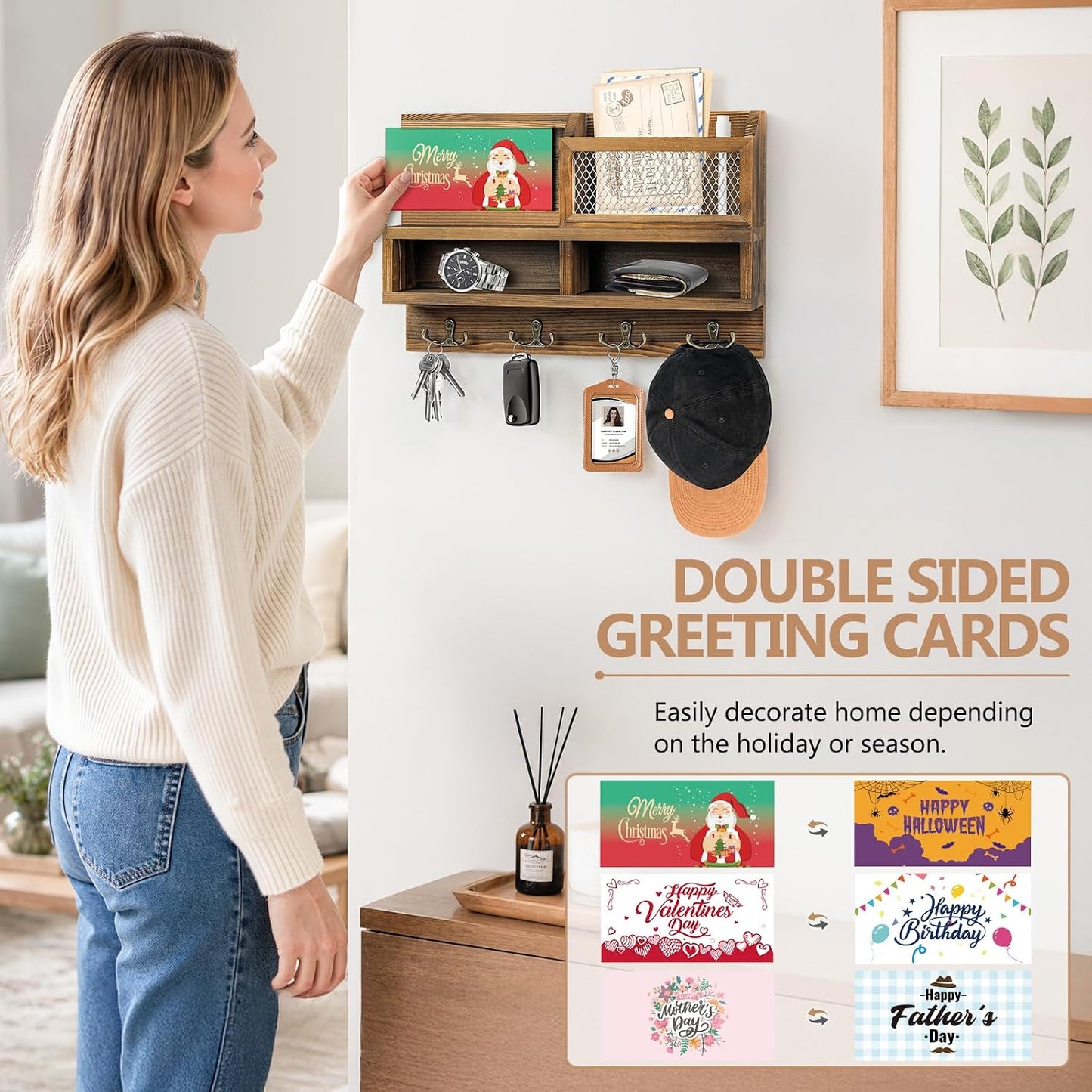 Key Holder Wall Mount, Wooden Mail and Key Organizer with Chalkboard and Mirror, 3 Greeting Cards, 8 Hooks, Brown